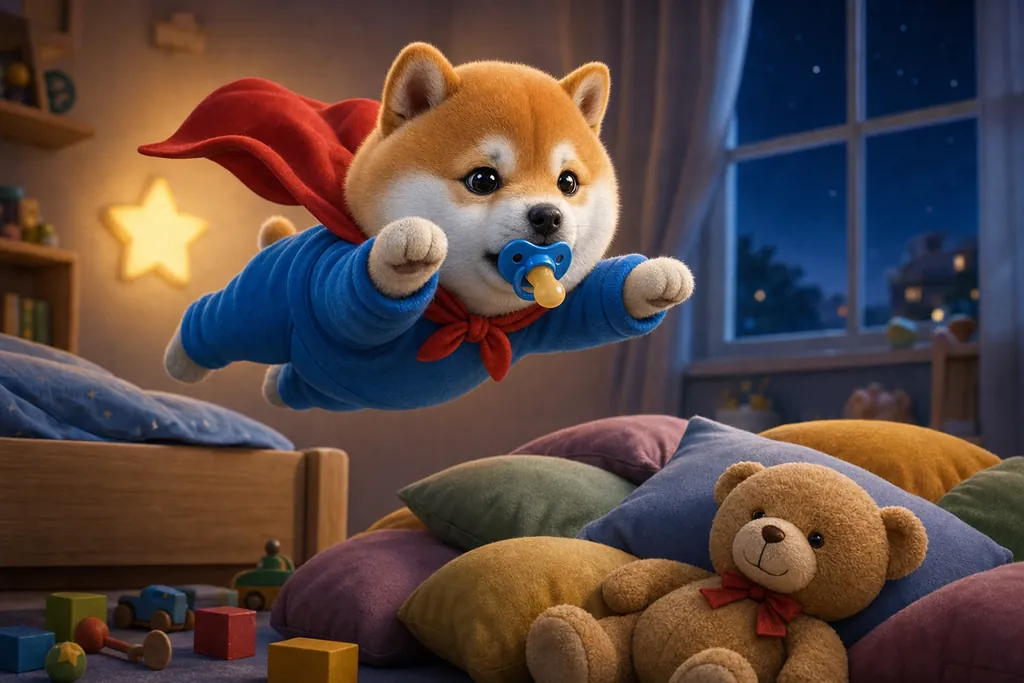 Pacifinu jumping off his bed like a superhero towards a pile of pillows