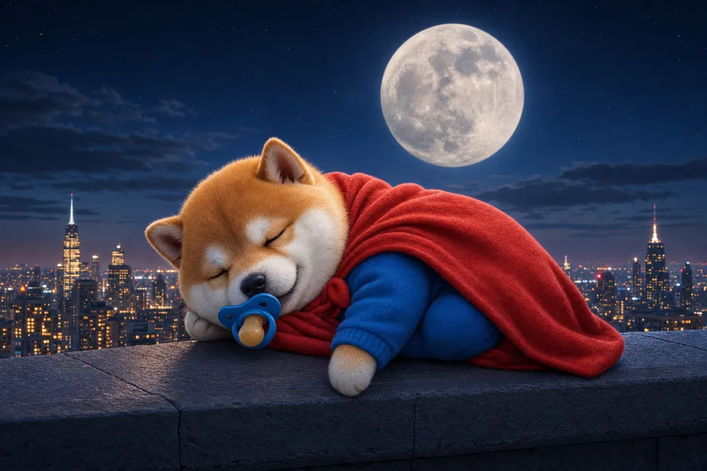 Pacifinu asleep on the rooftop ledge, wrapped in his red cape, under a big moon
